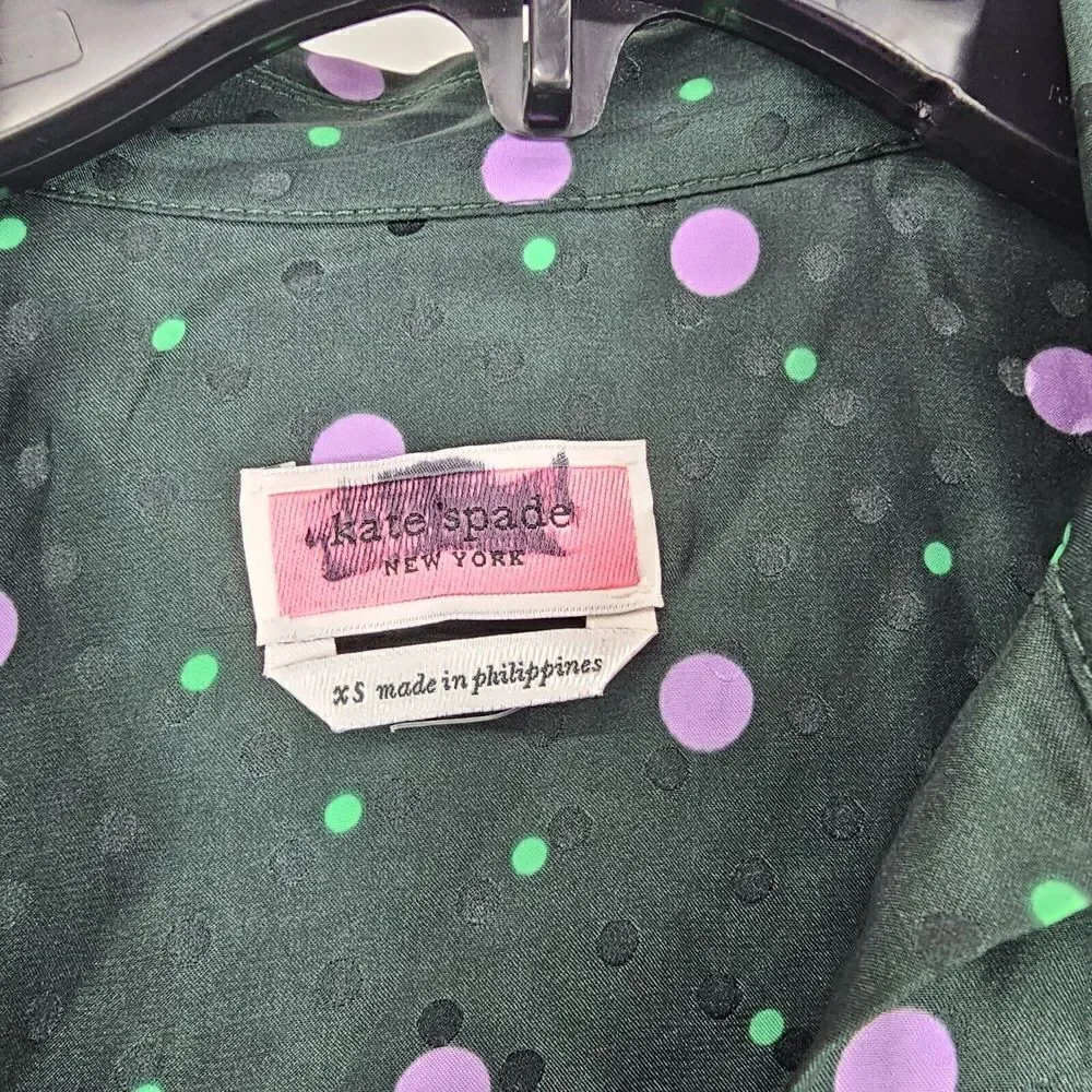 Kate Spade Pine Forest Green Pop Dots Blouse Size XS Silk Blend